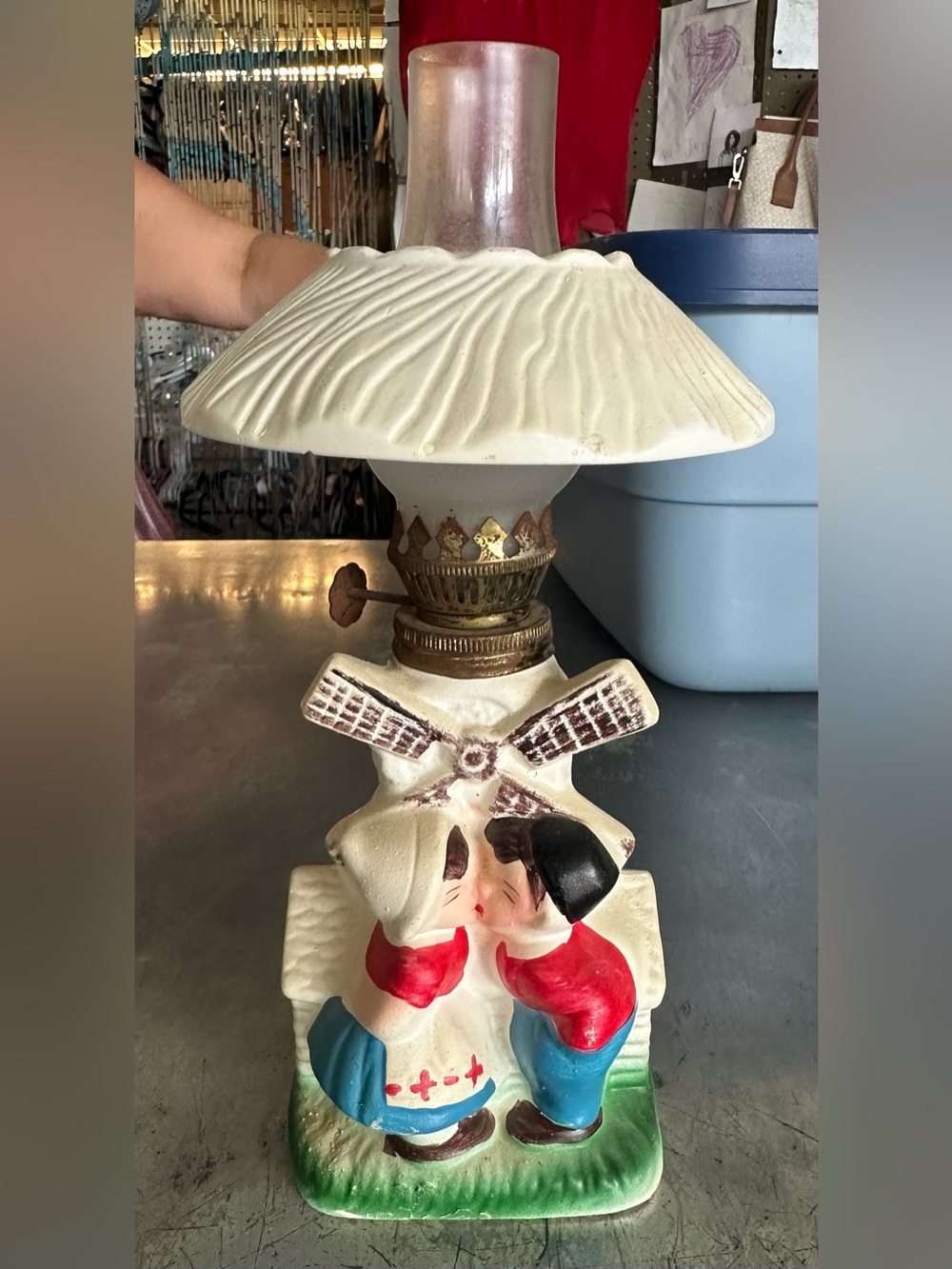 Vintage Made In Japan Kissing Couple Under Windmill Kerosene Lamp complete set